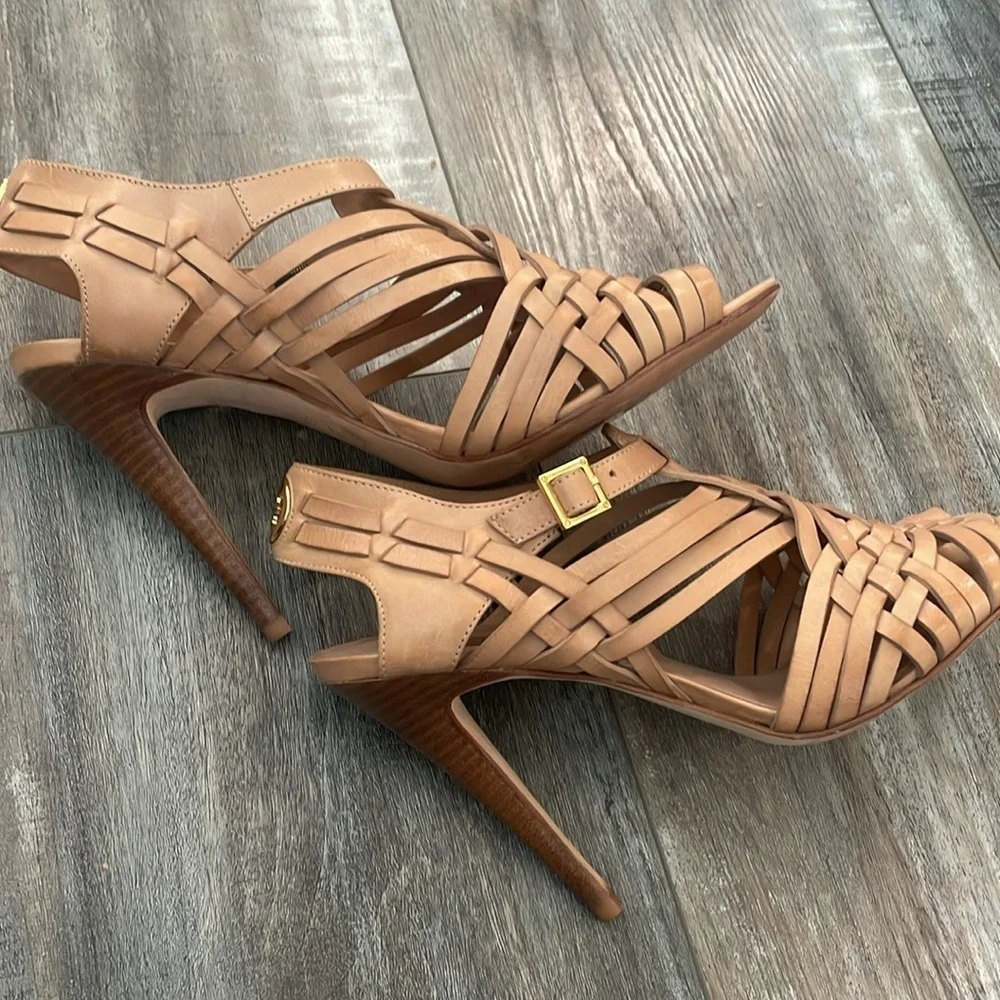 TORY BURCH Nadia brown woven leather logo detail huarache sandals heels 9.5